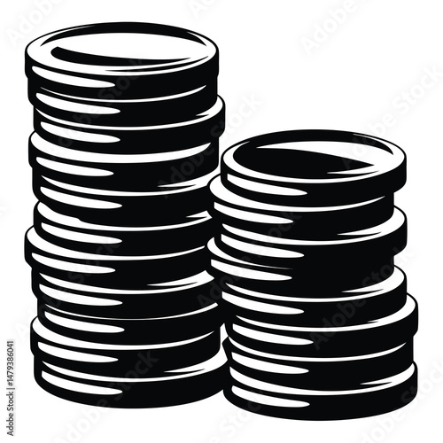 Two black and white stacks of coins representing wealth and success
