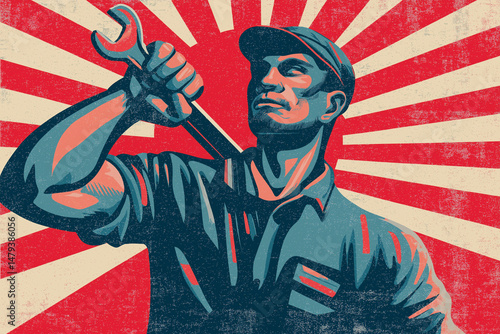 flat vector art of a strong worker holding a wrench, sunburst background, retro propaganda poster style, Labor Day