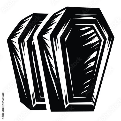 Monochrome illustration of three black coffins stacked atop one another, spooky and stylized
