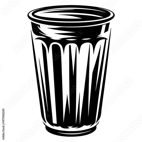 High contrast black and white illustration of a faceted glass tumbler