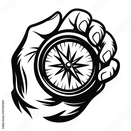 Monochrome illustration of a hand holding a navigational compass with rose design