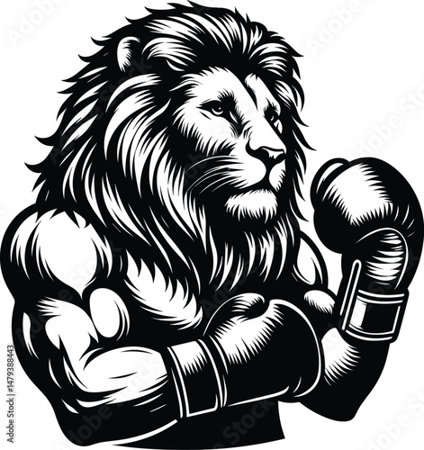  Lion Wearing Boxing Gloves – Thin Outline Silhouette Vector Illustration