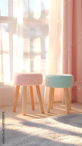 Pastel Pink and Teal Wooden Stools in Sunny Room