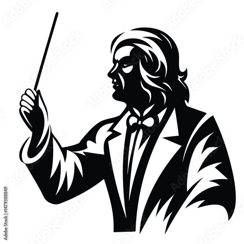 Musical Conductor in Formal Attire Directing an Orchestra with a Baton