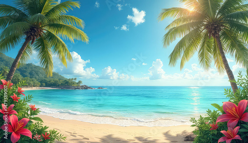 Fototapeta Naklejka Na Ścianę i Meble -  Serene tropical beach scene featuring palm trees ocean waves and blooming flowers under a sunny sky