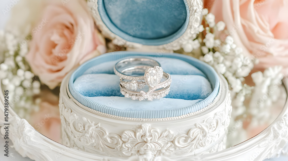 Elegant Rings in Jewel Box, Adorned with Roses