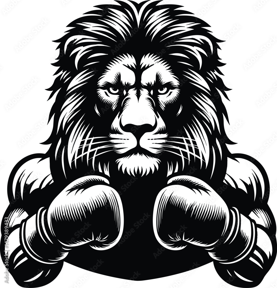 Fototapeta premium Lion Wearing Boxing Gloves – Thin Outline Silhouette Vector Illustration