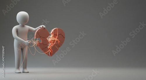 A  figure holds a fractured heart, representing loss.