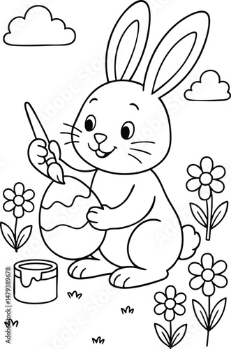 cute Easter bunny painting a decorative egg