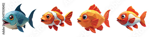 Cut Out Set of Low Poly Vector illustration Of Fish Toy Isolated on Transparent or White Background.