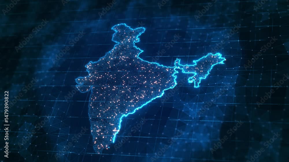 Map of India infographics digital screen globe network tech Concept of world Cloud computing network connecting. data transfer cyber, business information exchange advanced global technology networks