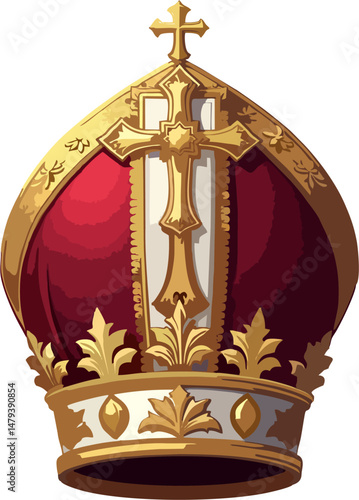 Elegant Papal Mitre Vector with Large Ornate Cross and Golden Embellishments – High Detail Catholic Bishop Hat for Religious and Ecclesiastical Themes