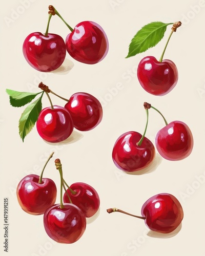 Fresh red cherries scattered on neutral background studio shot food photography sweet fruit summer harvest