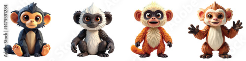 Cut Out Set of Low Poly Vector illustration Of Gibbon Toy Isolated on Transparent or White Background.
