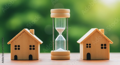 Wooden House Models and Hourglass Representing Time in Real Estate