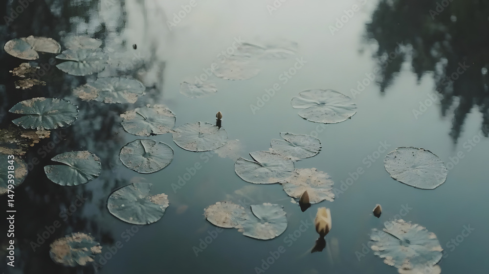 Water Lilies Float Calmly on Still Pond