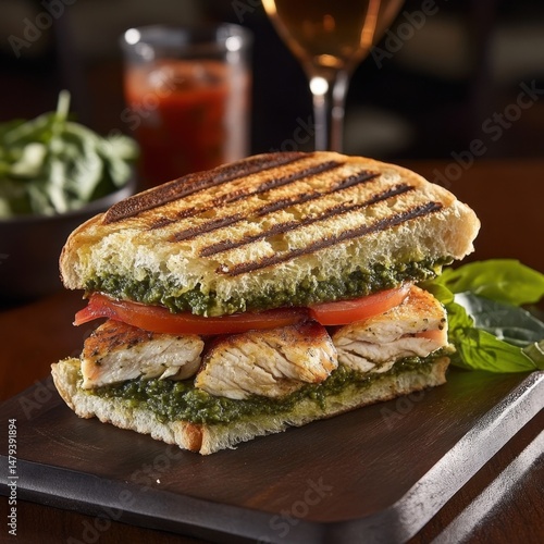 Close up of grilled chicken pesto panini sandwich on wooden board with tomato soup and wine