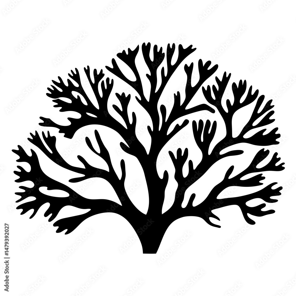 Obraz premium Abstract Black Bushy Tree Silhouette Against White Background with Branching Structure