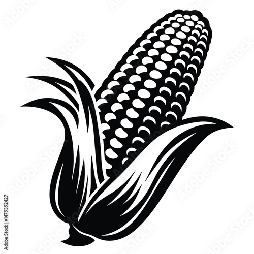 Black and white corn cob illustration showing an entire ear of corn