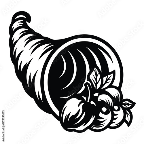 Bold Black and White Cornucopia with Apples Symbolizing Abundance and Thanksgiving