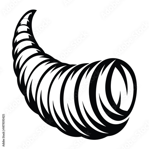 Black and white vector illustration of a horn of plenty cornucopia