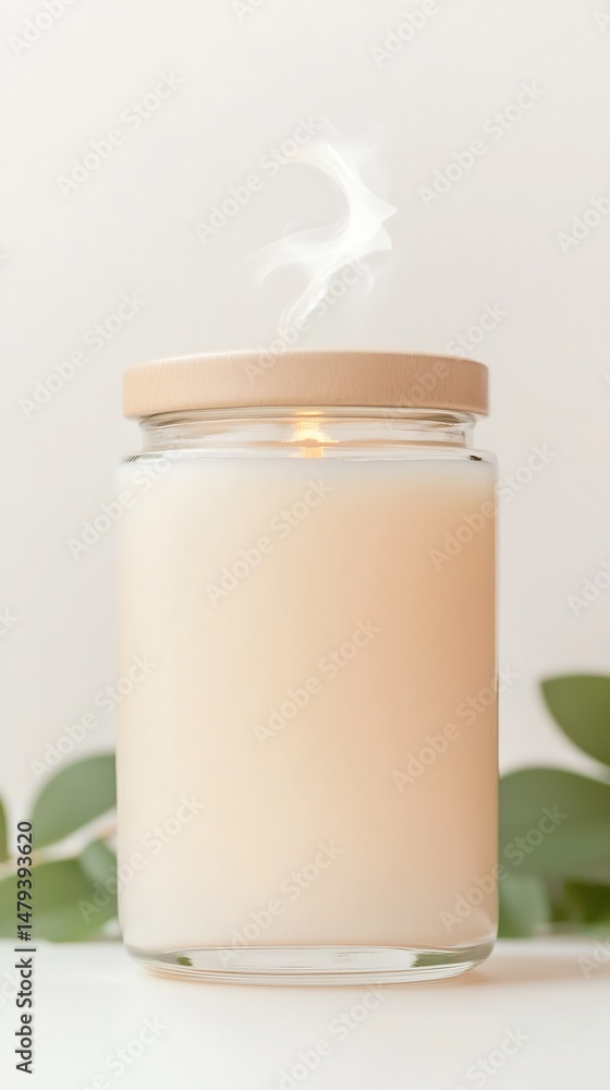 Cream Scented Candle in Glass Jar with Wooden Lid and Eucalyptus Leaves Cream Scented Candle in Glass Jar with Wooden Lid and Eucalyptus Leaves