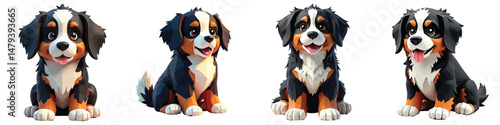 Cut Out Set of Low Poly Vector illustration Of Bernese Mountain Dog Toy Isolated on Transparent or White Background.