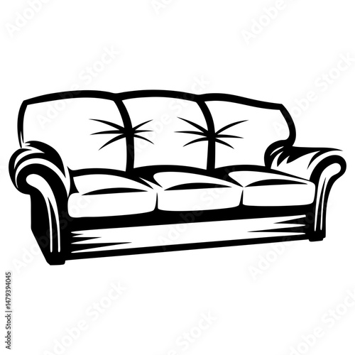 Black and white vector illustration of a comfortable couch for living room