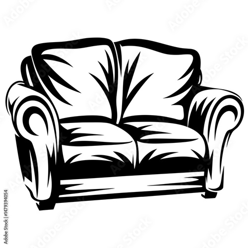 Detailed black and white vector illustration of a comfortable couch design