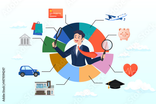Businessman analyse budget allocation pie chart, budget planning, financial expense or spending allocation, investment, income, saving percentage pie chart, cost tracking or debt management concept