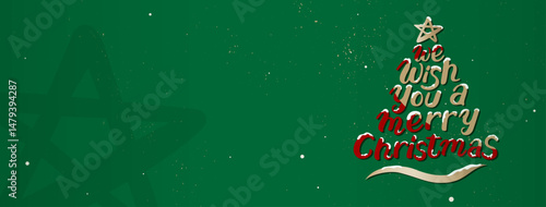 Festive green Christmas background banner with greeting text "we wish you a merry Christmas" in pine tree shape, including copy space, vector illustration design