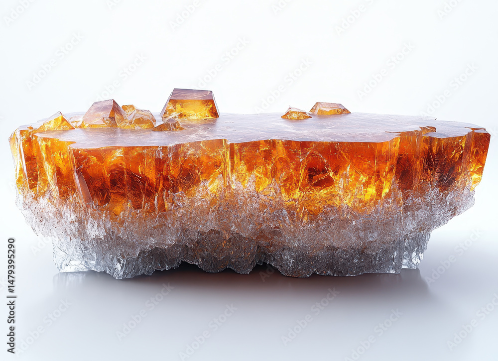 Fototapeta premium Ice and Amber Resin Table Isolated on White Background with Textured Surface and Translucent Elements
