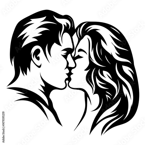 Passionate embrace a black and white silhouette of a couple in love