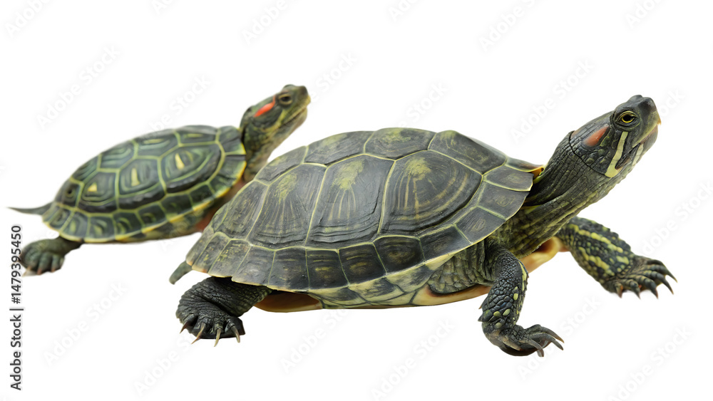 two turtles walking slowly isolated on white background, PNG two turtles walking slowly isolated on white background, PNG