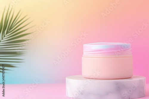 Pastel Pink Skincare Jar on Marble Podium with Tropical Leaf Shadow