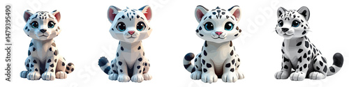 Cut Out Set of Low Poly Vector illustration Of Snow Leopard Toy Isolated on Transparent or White Background.