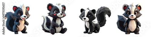 Cut Out Set of Low Poly Vector illustration Of Skunk Toy Isolated on Transparent or White Background.