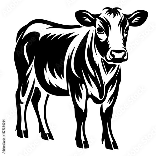 Black and white graphical representation of a standing cow calf looking forward