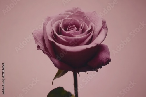 A single mauve rose in full bloom against a soft pink backdrop