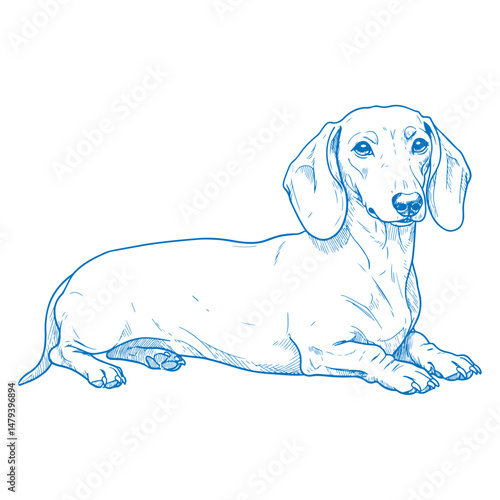 Detailed line art of a lying Dachshund dog hand-drawn in vintage style for vector design use

