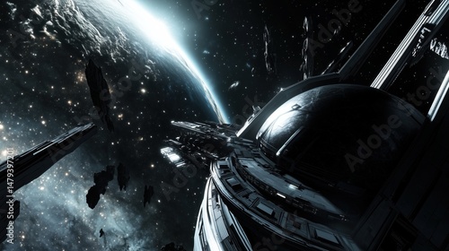 Fototapeta Naklejka Na Ścianę i Meble -  Futuristic Orbital Space Station Above Earth’s Horizon