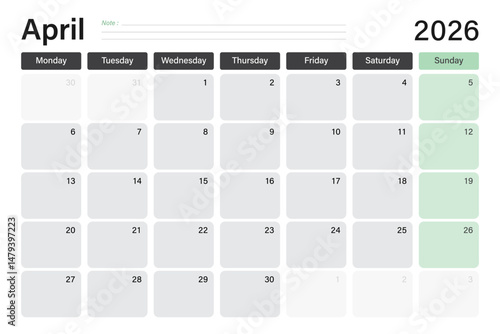 April 2026 calendar or desk planner in soft gray and light green colors with empty note lines, weeks start on Monday, vector illustration design