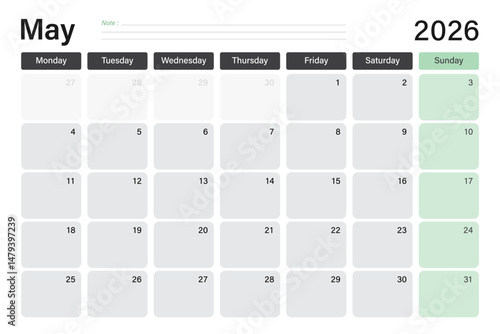 May 2026 calendar or desk planner in soft gray and light green colors with empty note lines, weeks start on Monday, vector illustration design