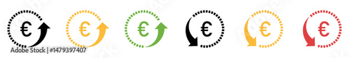Euro currency trend icons set. Green up arrow and red down arrow with euro symbol, Flat design economy and finance indicators for inflation, deflation, exchange rate movement. Vector illustration.