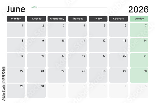 June 2026 calendar or desk planner in soft gray and light green colors with empty note lines, weeks start on Monday, vector illustration design