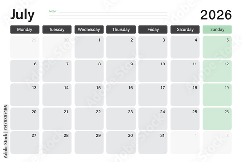 July 2026 calendar or desk planner in soft gray and light green colors with empty note lines, weeks start on Monday, vector illustration design