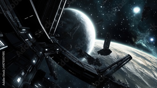 Fototapeta Naklejka Na Ścianę i Meble -  Futuristic Orbital Space Station Above Earth’s Horizon