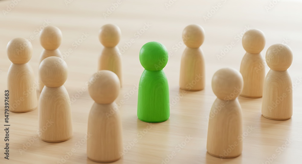 Green wooden figure stands out among beige figures on a light wooden surface Green wooden figure stands out among beige figures on a light wooden surface