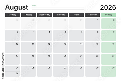 August 2026 calendar or desk planner in soft gray and light green colors with empty note lines, weeks start on Monday, vector illustration design