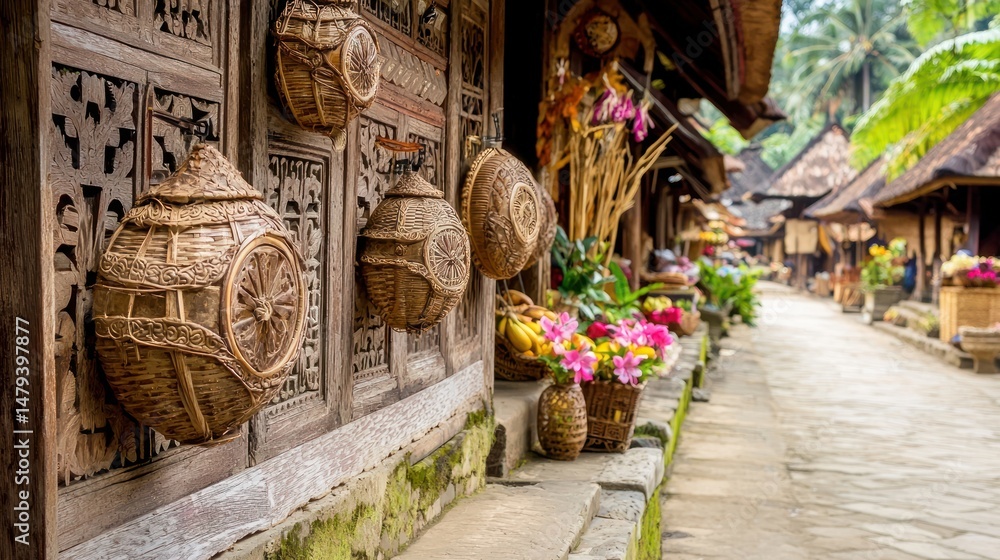 Fototapeta premium Traditional village scene with handcrafted baskets.
